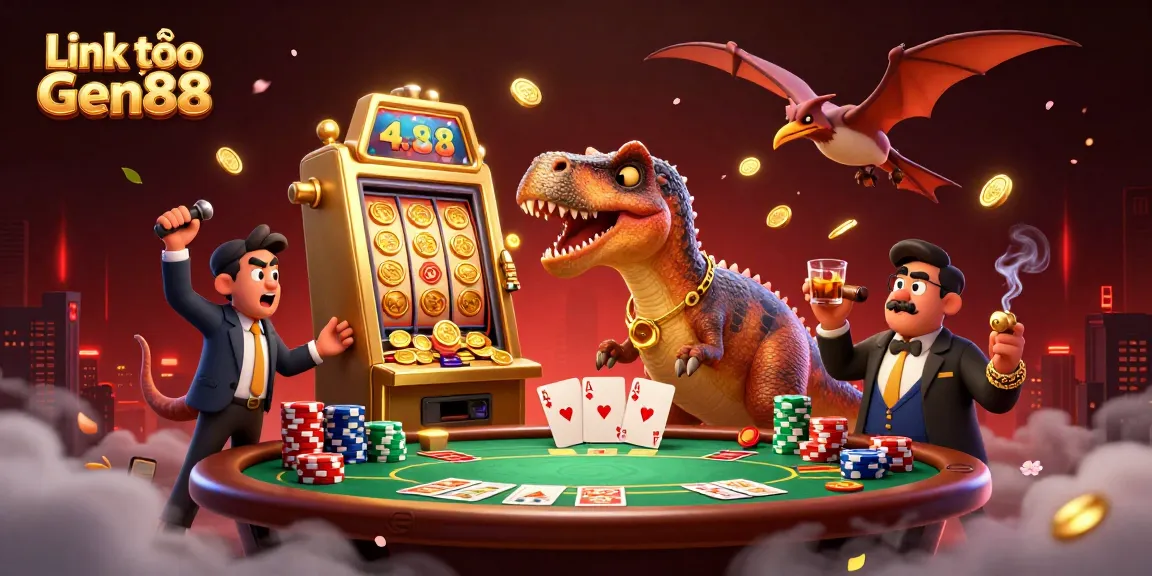 Experience the thrill of winning with Link vào Gen88, featuring a hilarious pachycephalosaurus at a golden slot machine.
