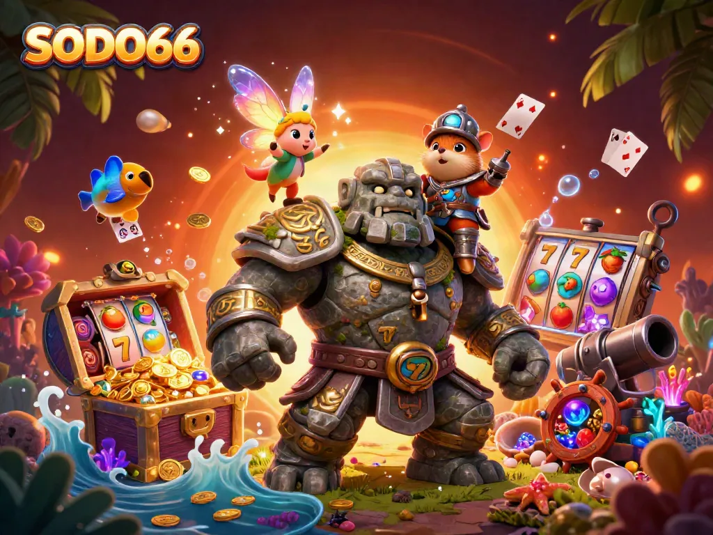 Experience thrilling gameplay at SODO66 with animated characters, golden treasures, and dynamic casino elements.