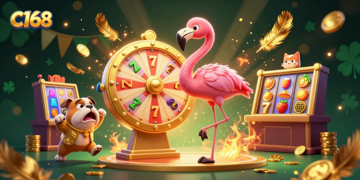 C168 engages players with a lively scene featuring golden prizes, an excited bulldog, and vibrant casino elements.