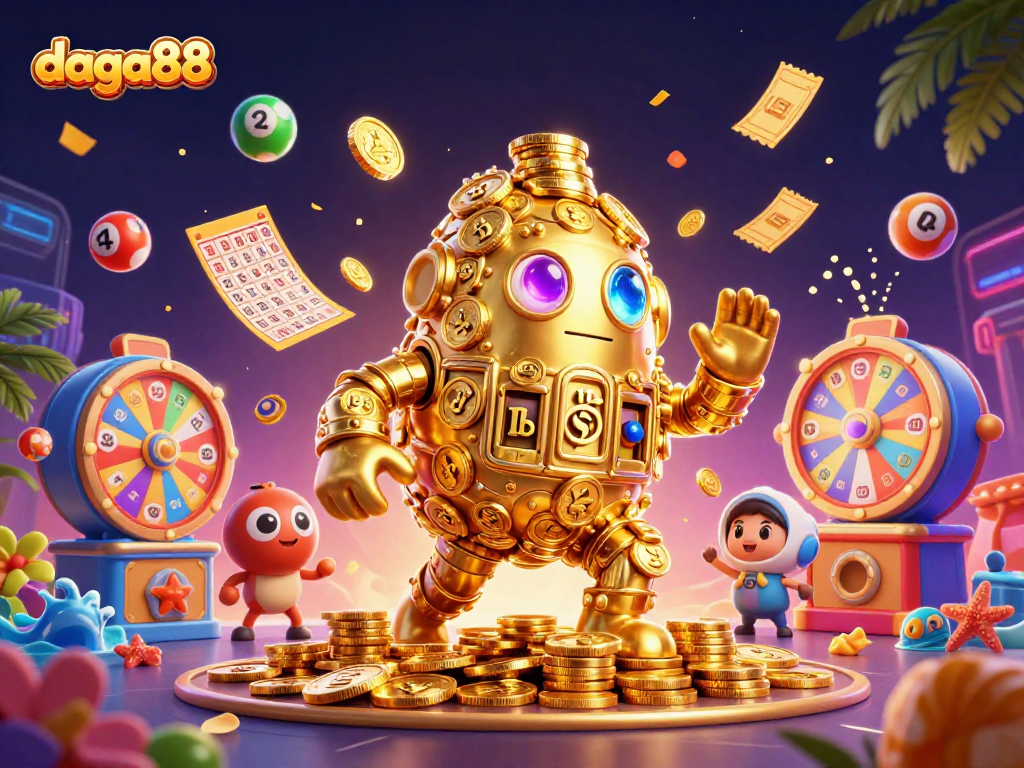 daga88 offers immersive cockfighting action with colorful lottery elements and a dynamic golden golem character.