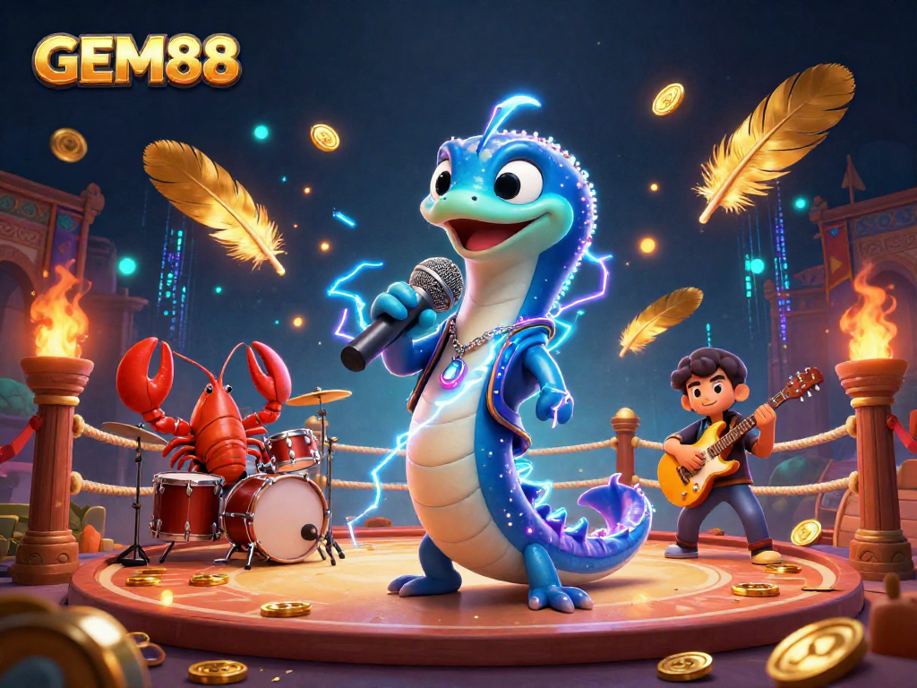 Experience GEM88's underwater casino with a vibrant electric eel DJ, immersive gaming elements, and dynamic characters.