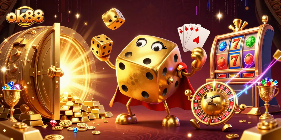 Experience the thrill of ok88 with playful golden dice and vibrant slot elements spinning in action.