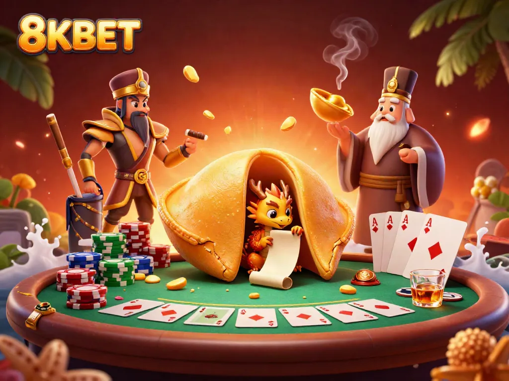 Engage in thrilling gaming at 8KBET with action-packed scenes of fortune cookies, dragons, and poker tables.