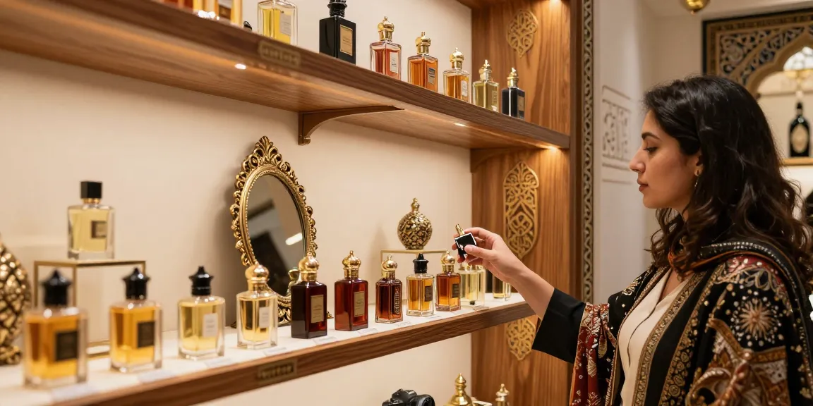 Een klant kiest een Arabisch parfum in een elegante parfumwinkel.