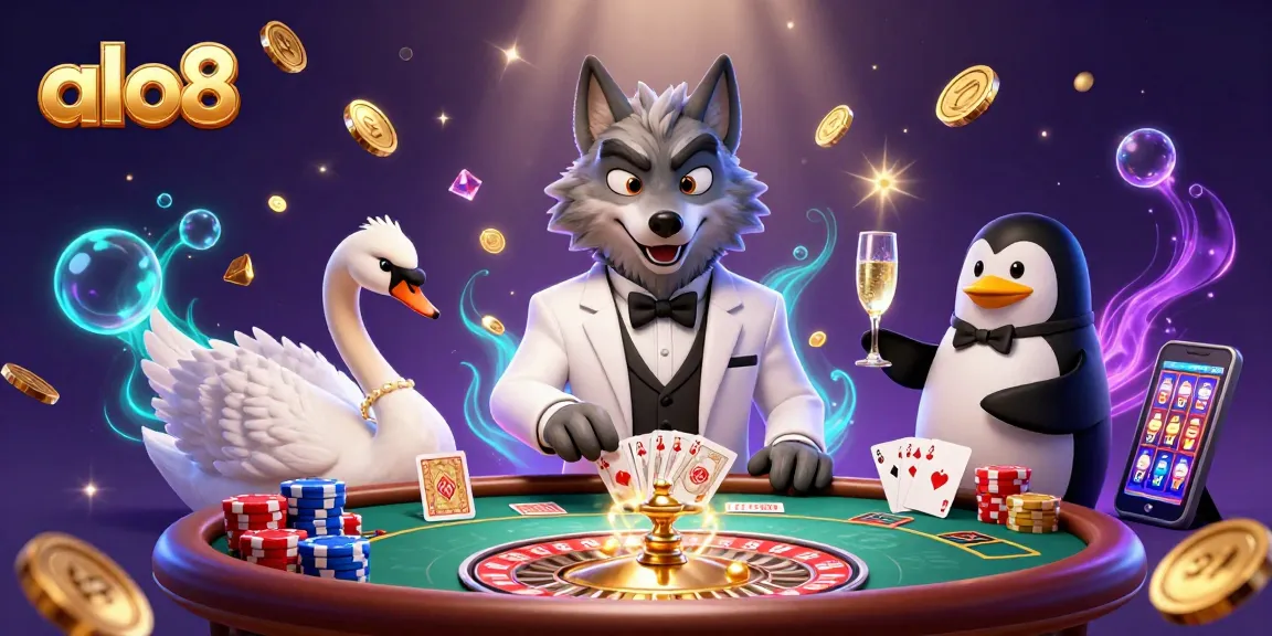 Engage with alo8's vibrant atmosphere featuring dynamic characters at a baccarat table.