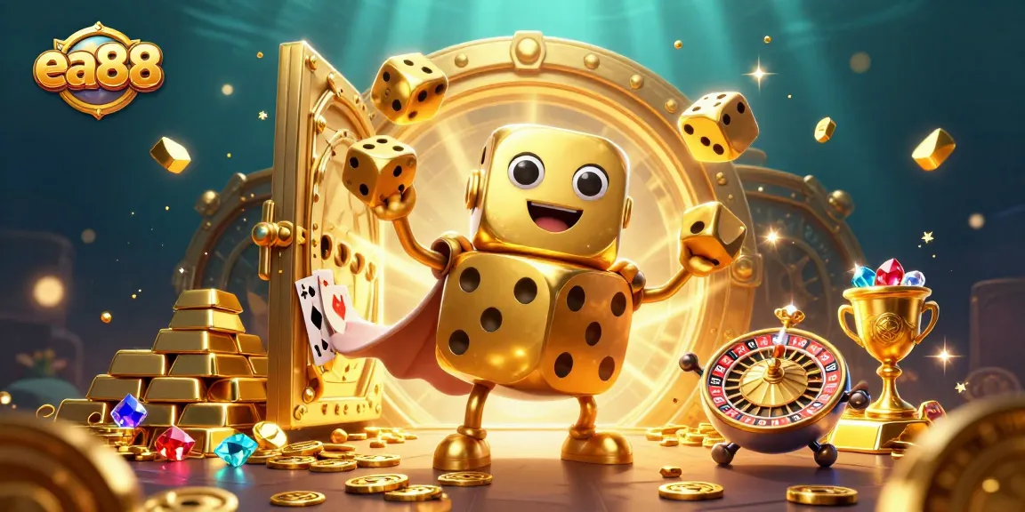 ea88 players enjoy a vibrant casino scene with a massive golden dice golem, glittering treasures, and dynamic game elements.