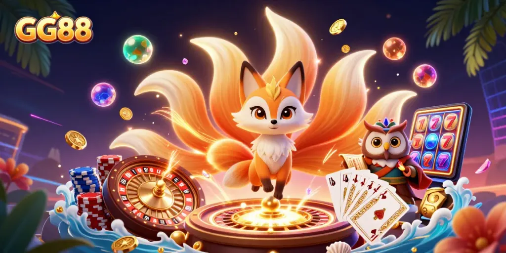 Spin the reels with GG88 and experience vibrant casino action led by magical spirits in this enchanting scene.