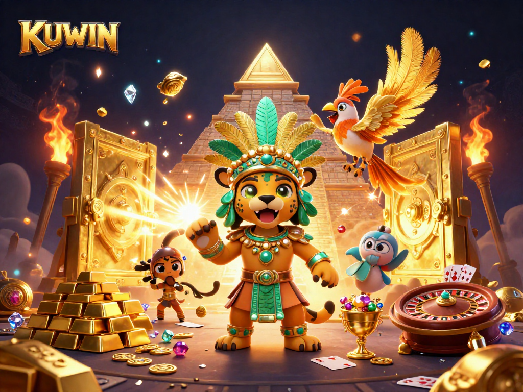 KUWIN game promotional illustration highlighting vibrant casino elements with dynamic characters and gold treasures.