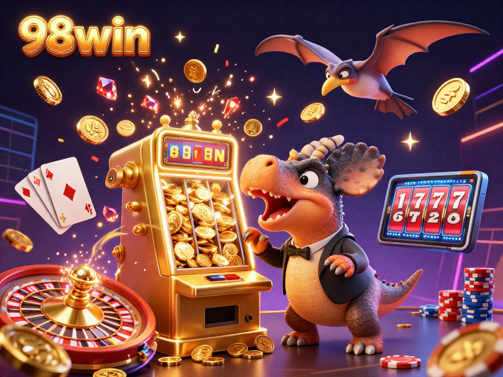 98win slots scene with dinosaurs, golden coins, and casino excitement.