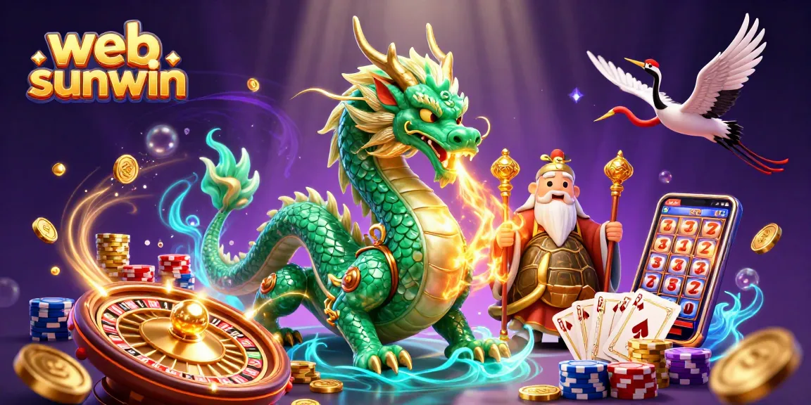 Experience thrilling wins at web sunwin with a vibrant 3D illustration filled with dynamic casino elements.