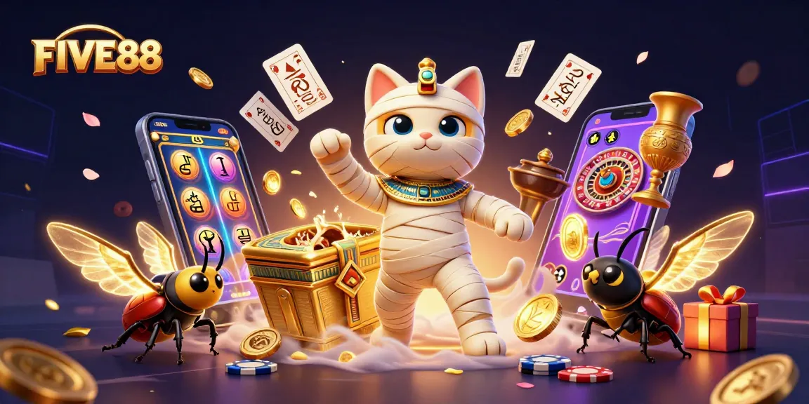 Experience thrilling wins at FIVE88 with this vibrant 3D illustration showcasing unique gaming elements.