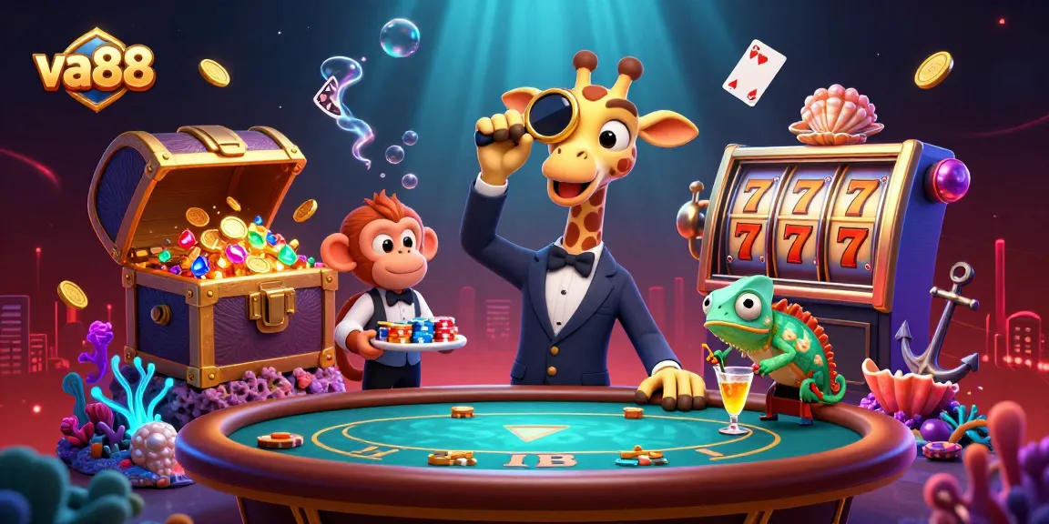 Experience the thrilling world of va88 with a high-roller giraffe at a poker table surrounded by dynamic casino elements.