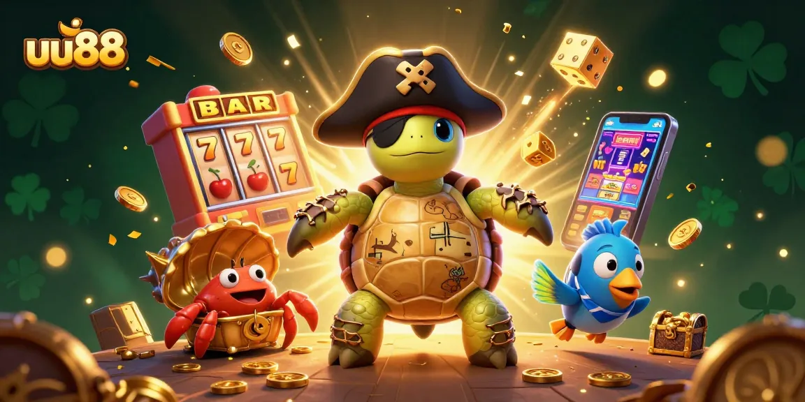 Spin the reels at uu88 with a vibrant 3D cartoon scene featuring colorful casino elements and engaging characters.