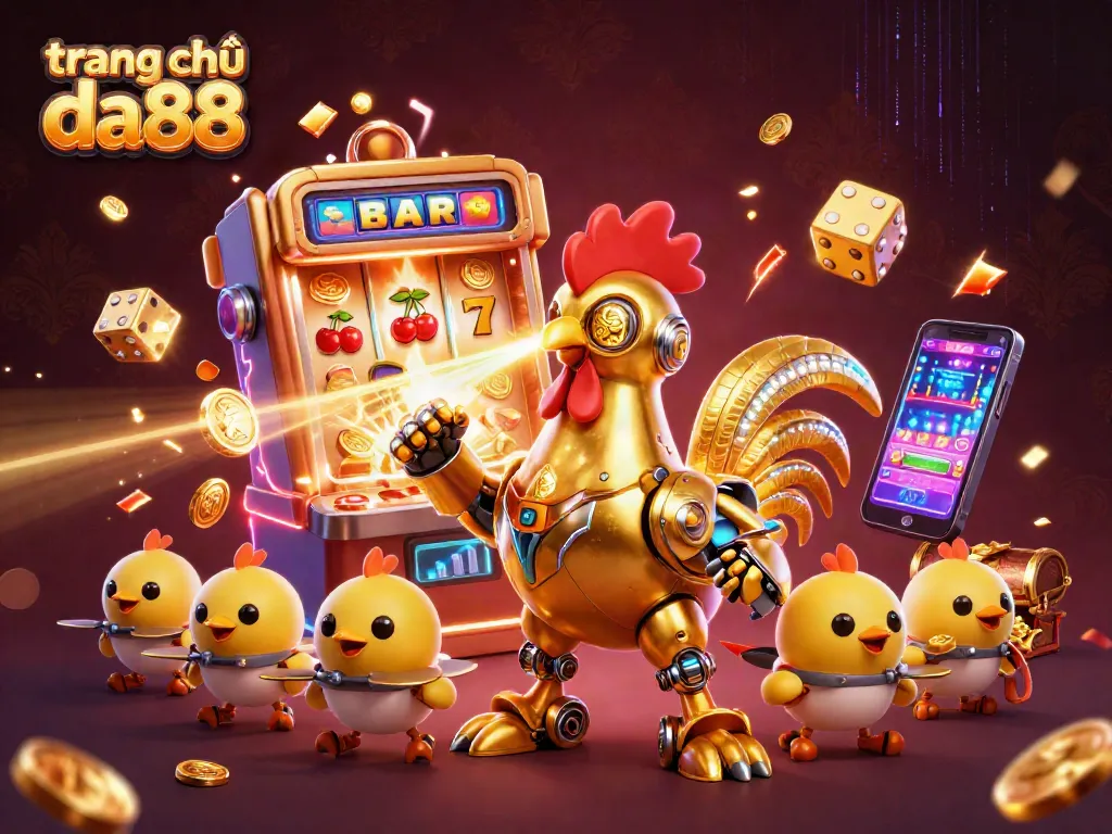 Experience exciting gameplay at trang chủ da88 with a golden rooster robot and baby chick drones amid a jackpot explosion.