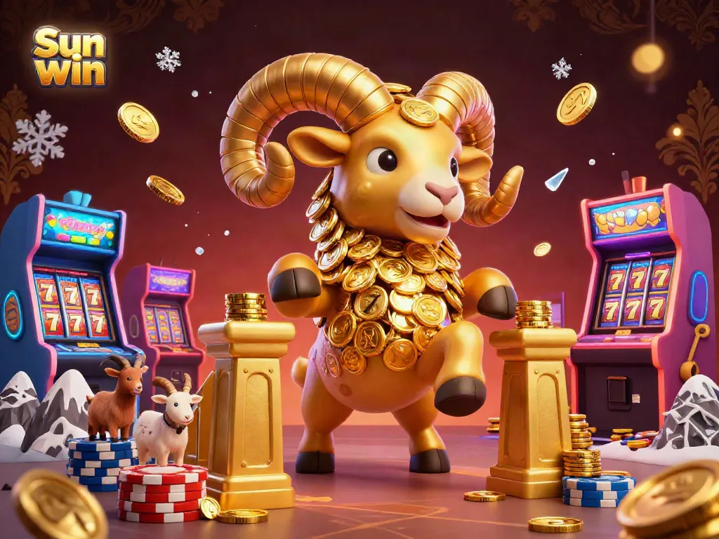 Experience thrilling gameplay with Sun win's golden ram charging through a vibrant casino scene filled with arcade elements.