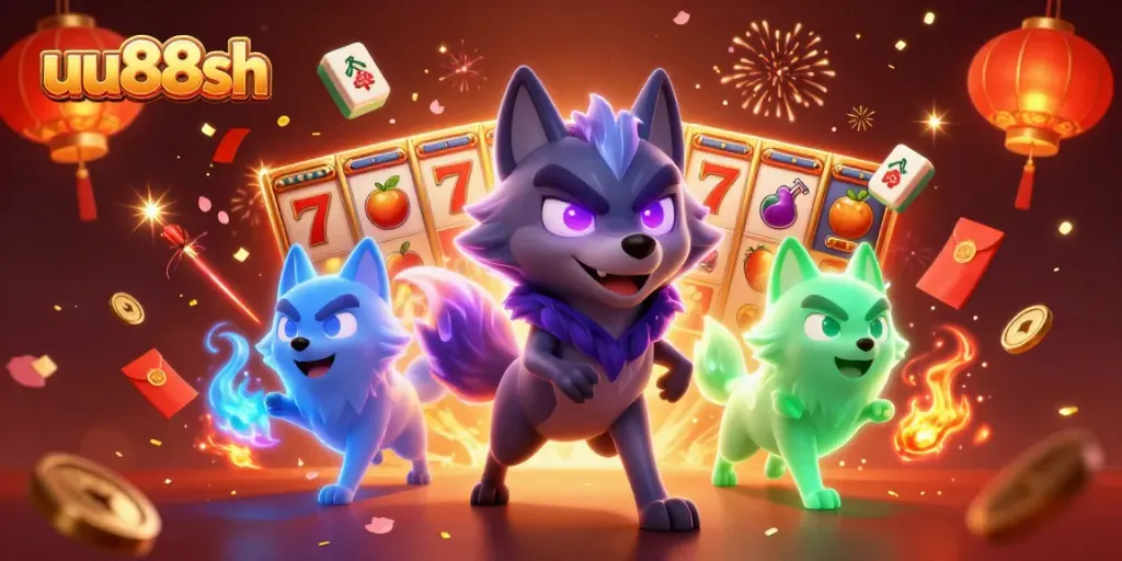 Engage with uu88sh's thrilling slot experience featuring wolves and festive elements.