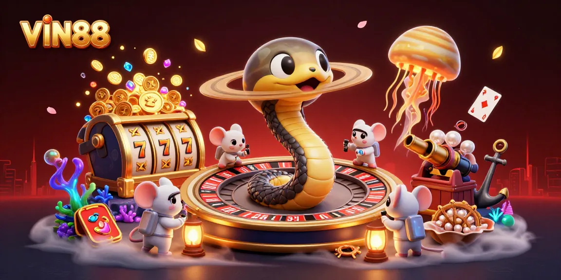 Experience thrilling gambling at VIN88 with interactive slot reels and a unique cosmic dealer.