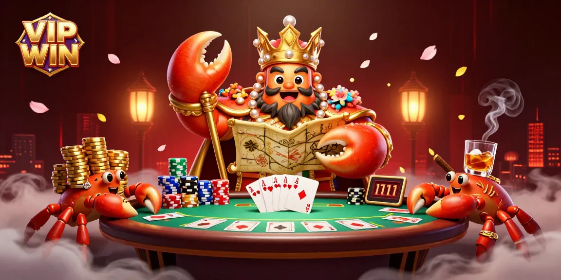 Experience VIPWIN with a vibrant 3D crab emperor surrounded by poker elements and gold chips.
