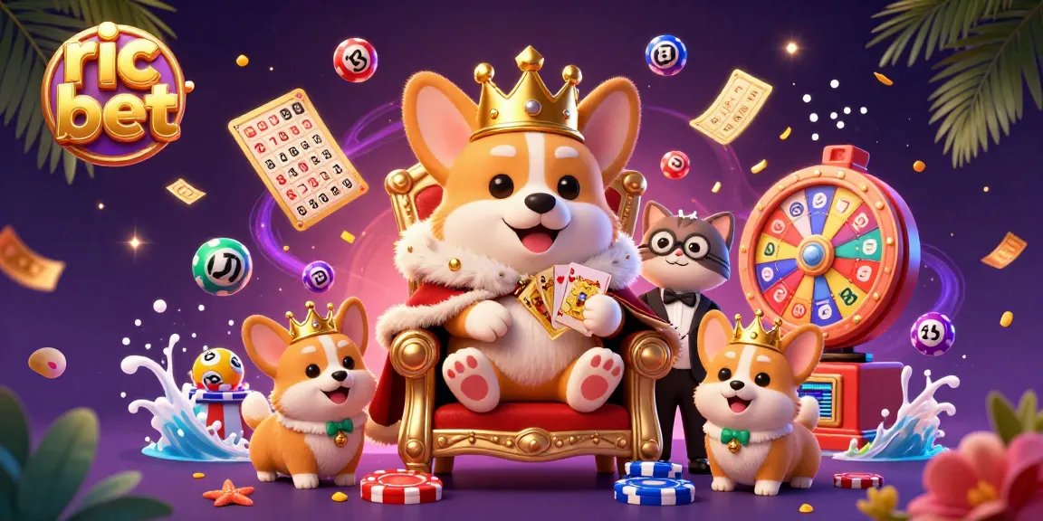 Experience the excitement of ric bet with royal corgi and vibrant lottery elements in a dynamic casino scene.