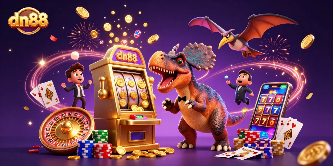 Experience thrilling jackpots at dn88 with playful dinosaur characters engaging with exciting casino elements.
