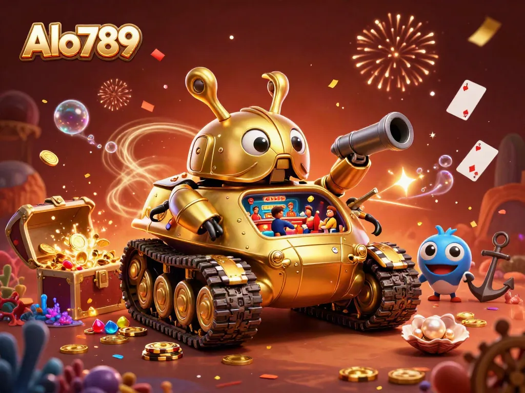 Experience the vibrant ambiance of Alo789’s miniature casino inside a golden beetle tank amid a celebratory explosion of confetti.