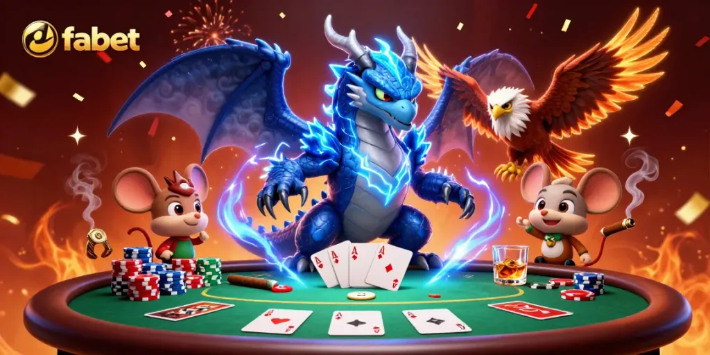 Play at fabet with an energetic mix of casino action, featuring a legendary thunder dragon and poker elements.