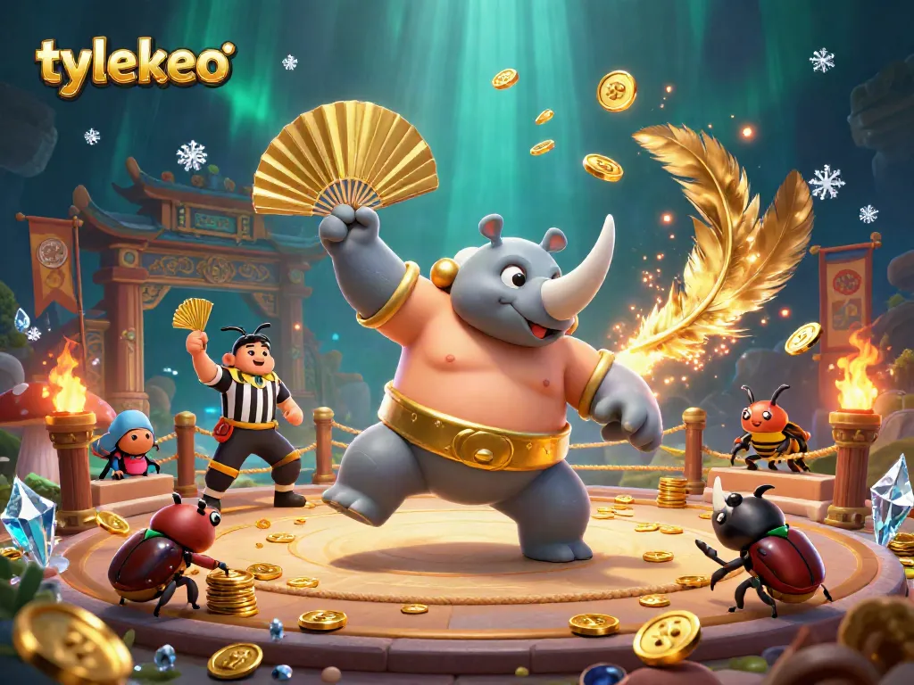 Tylekeo betting scene with a rhinoceros beetle sumo champion and cricket referee in a vibrant gambling arena.