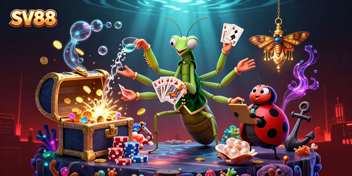 SV88 showcases a vibrant casino scene with cartoon characters performing lively gambling activities.