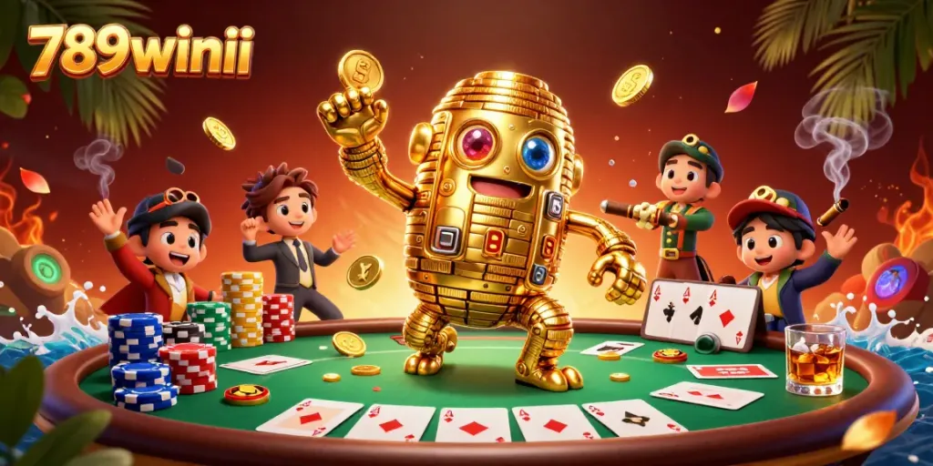 Engage in thrilling games at 789winii featuring a golden golem with poker elements.