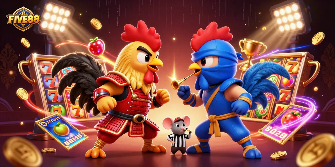 FIVE88 showcases a dynamic standoff between 3D cartoon roosters in a vibrant casino setting.