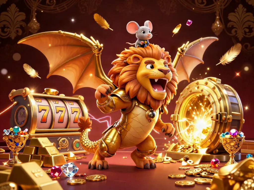 Engage in thrilling games at bay789, showcasing a chimera creature and dazzling casino treasures.