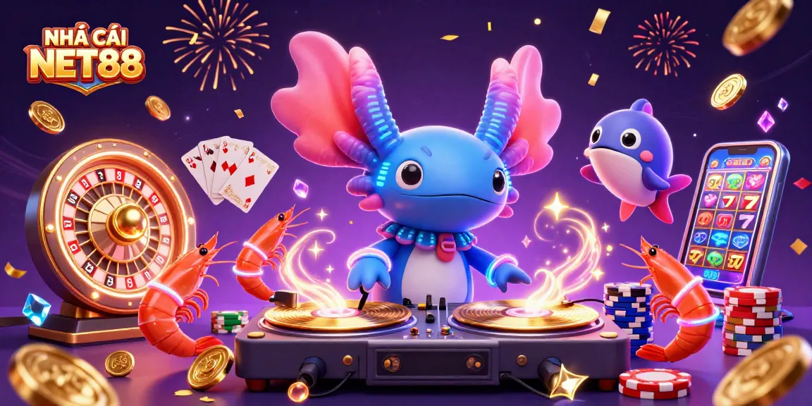 Engage with NHÀ CÁI NET88's vibrant casino scene featuring an axolotl DJ and lively underwater elements.
