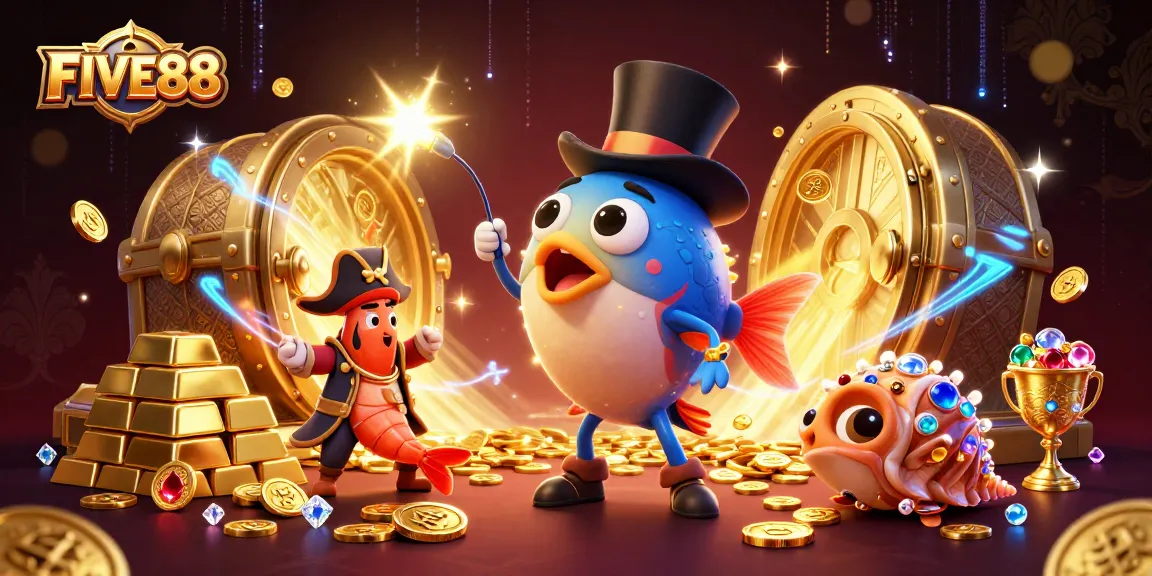 Experience the thrill of FIVE88 with a cartoon anglerfish, pirate shrimp, and treasure snail in this vibrant casino scene.