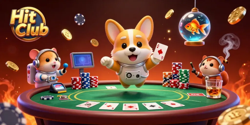 Engage with the Hit Club as a corgi astronaut floats among poker chips in this vibrant casino illustration.