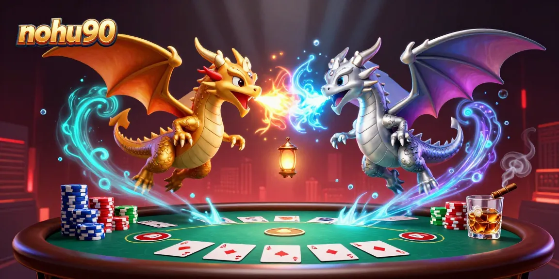 Engage in nohu90 casino excitement with dynamic twin dragons and a vibrant poker scene.