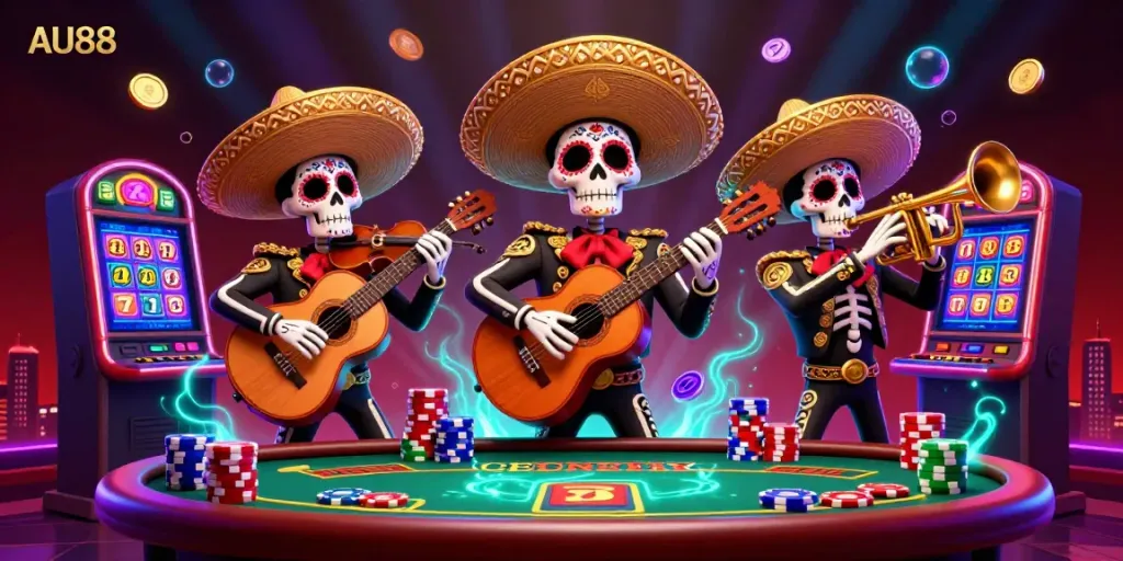 Experience the excitement of AU88 with vibrant skeleton mariachi band amidst colorful casino games.