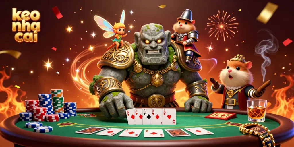 Engage in exciting gameplay with keo nha cai featuring animated golem, fairy, and hamster knight at a vibrant poker table.