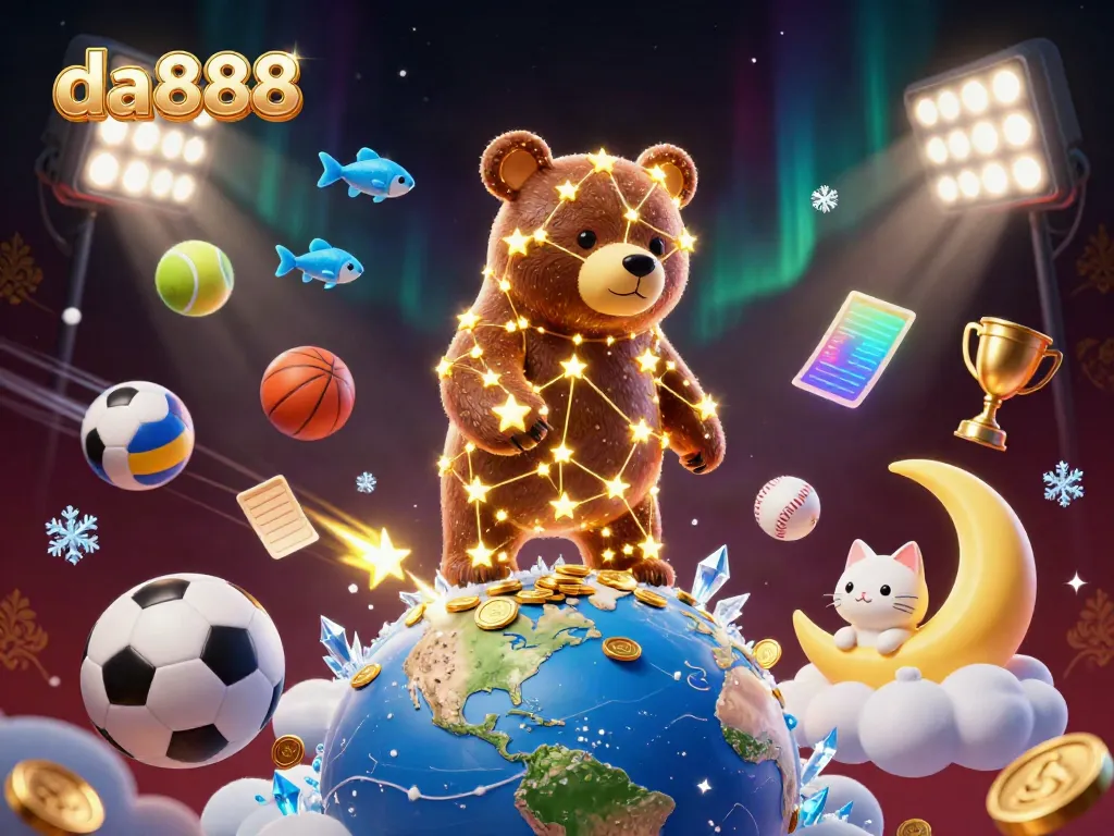 Experience the excitement of da888 with a vibrant 3D casino scene featuring stars, sports, and dynamic elements.