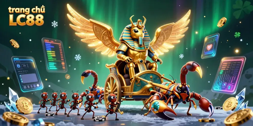 Experience the vibrant world of trang chủ LC88 with a stunning scene of a golden scarab beetle riding a chariot amidst crypto coins and casino elements.