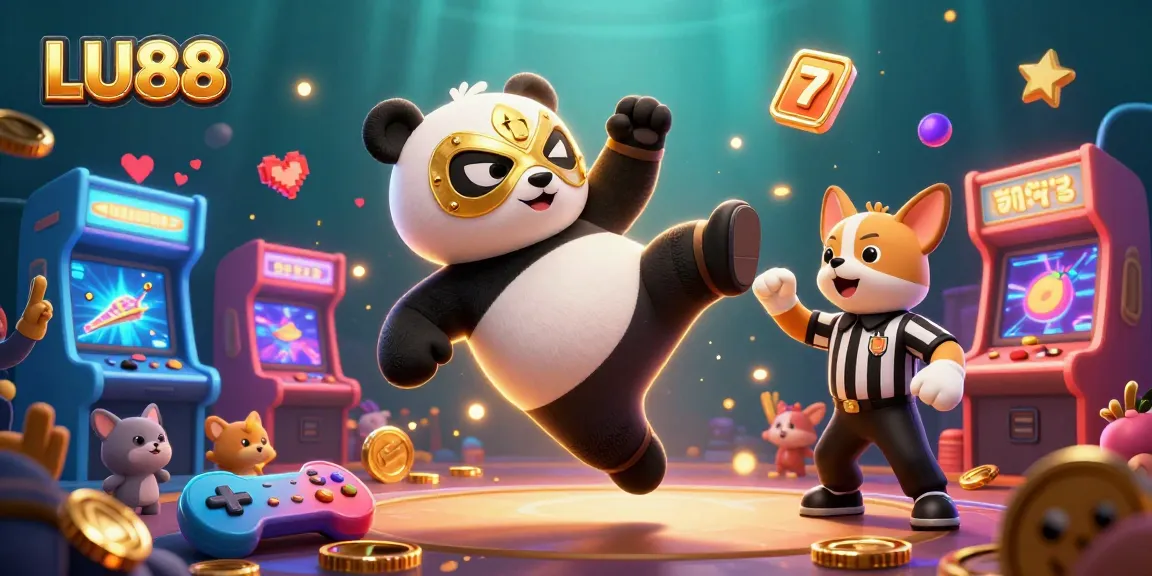 LU88 offers excitement with a cartoon panda wrestler flying kick amidst vibrant casino games and spectators.