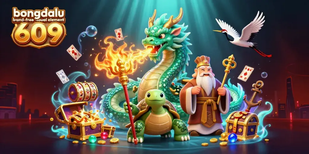Engage with the thrilling world of "bongdalu logo 609" featuring a dynamic scene of a jade dragon and lucky cranes amidst casino adventures.