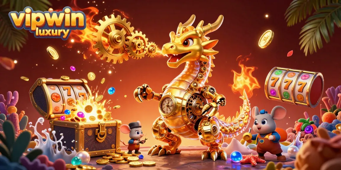 Winning at vipwin luxury with a 3D dragon breathing golden gears and slot elements