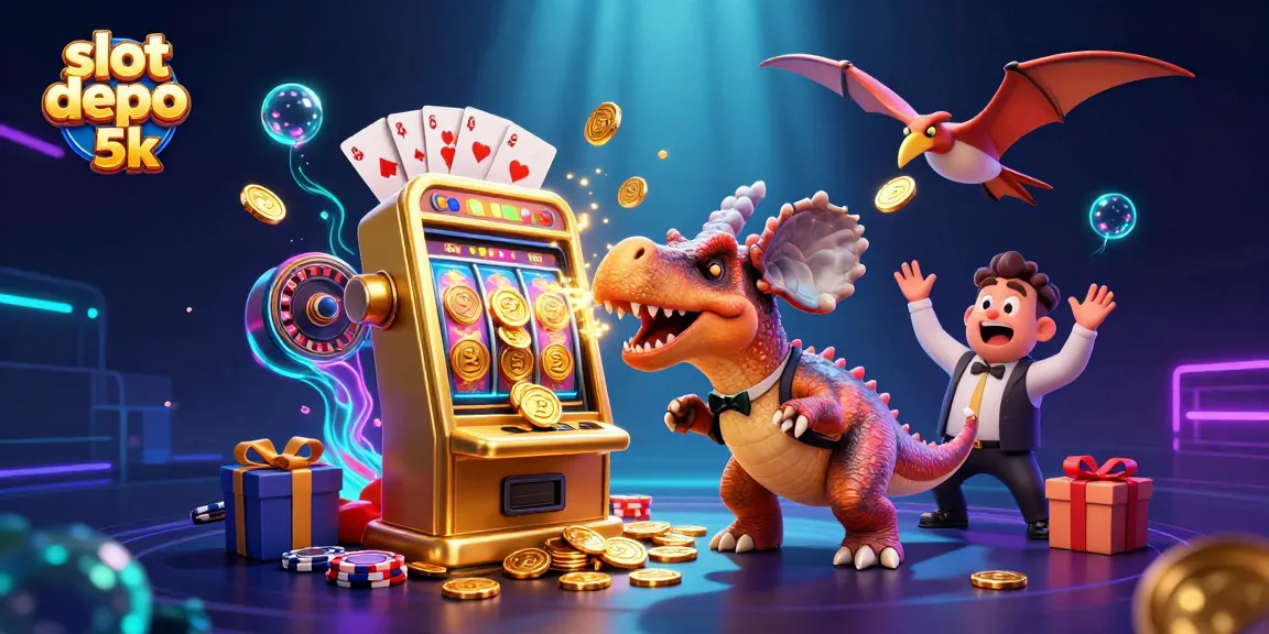Headbutting jackpot at slot depo 5k with cartoon dinosaurs and flying coins.