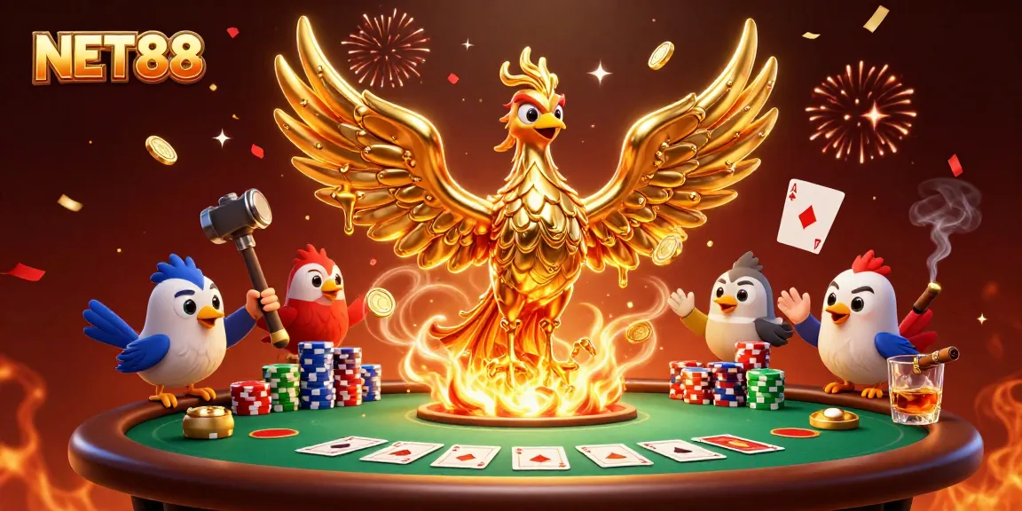 NET88 showcasing a molten metal phoenix and poker elements, celebrating casino wins.