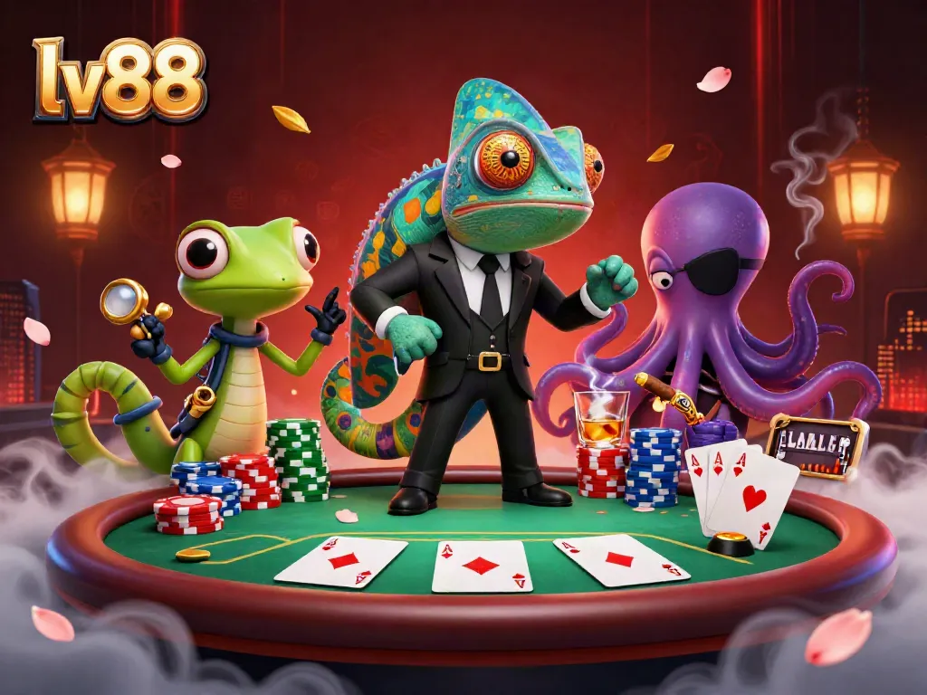 Experience a thrilling poker showdown at lv88 with dynamic characters, vibrant casino elements, and rich detail.