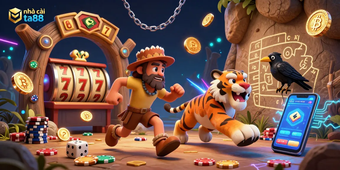Play games at nhà cái ta88 with an engaging casino scene featuring a caveman and tiger duo.