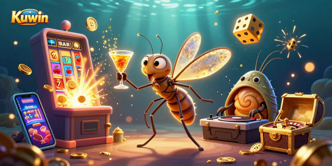 Kuwin casino mascot brings excitement with vibrant slot machine, golden roulette, and whimsical elements.