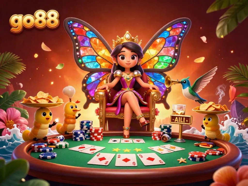 Experience the thrill of go88 with a vibrant illustration featuring a butterfly queen, poker chips, and colorful casino elements.