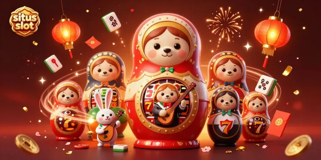 Engage with situs slot in a dynamic casino illustration featuring bears, lucky elements, and festive atmosphere.