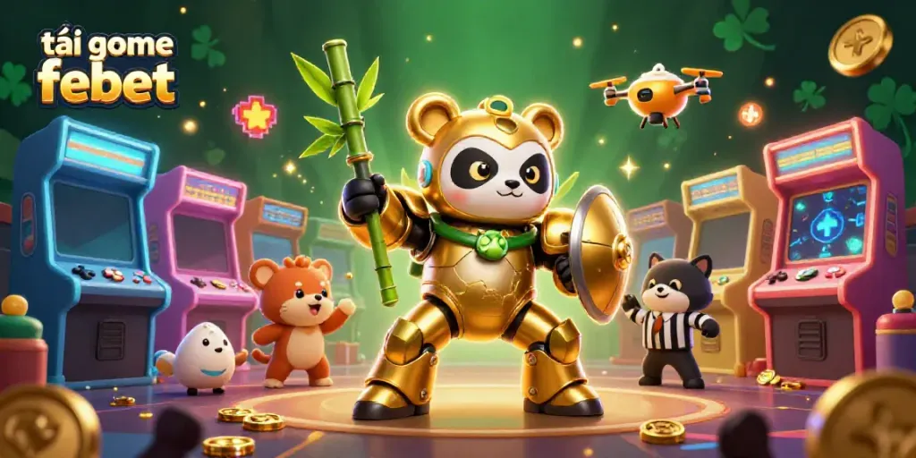 Engage in thrilling gameplay by tải game febet featuring an epic 3D mech-suit panda in an exciting gaming arena.